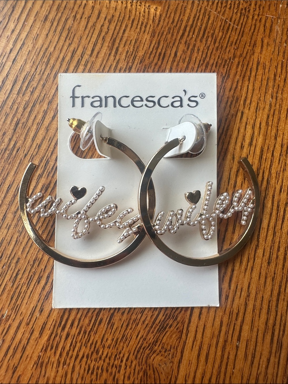 Francesca's Collections Gold Hoop Earrings with 'wifey' Pearl Script